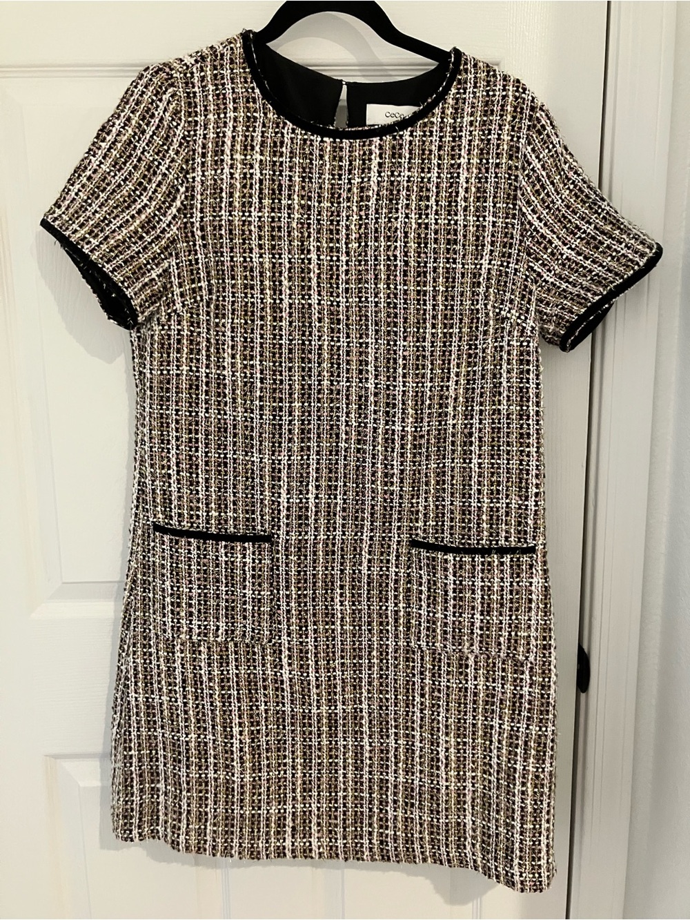CeCe Contrast-Trim Tweed Short-Sleeve Mini Dress